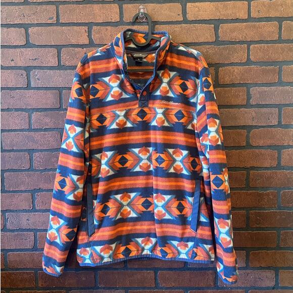 Eddie Bauer Pullover Mens Multicolored Fleece Aztec Southwestern Sweater SZ M - Picture 1 of 14